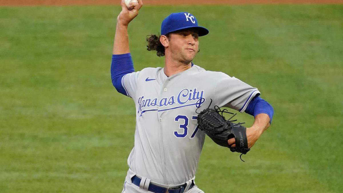 Kansas City Royals starting pitcher Jackson Kowar (37) throws during the first inning of a baseball game against the Los Angeles Angels Monday, June 7, 2021, in Los Angeles, Calif. (AP Photo/Ashley Landis)