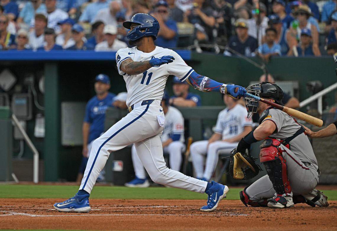 Royals designated hitter Maikel Garcia doubles in a run against the Atlanta Braves during the first inning at Kauffman Stadium in Kansas City on Monday, July 28, 2025.