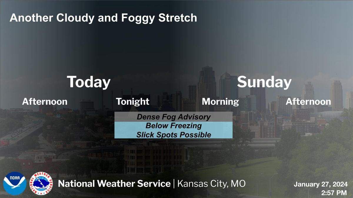 Patchy dense fog is expected across the Kansas City area again Saturday night and Sunday morning. Sunny and warmer weather is expected in the coming days, according to the National Weather Service.