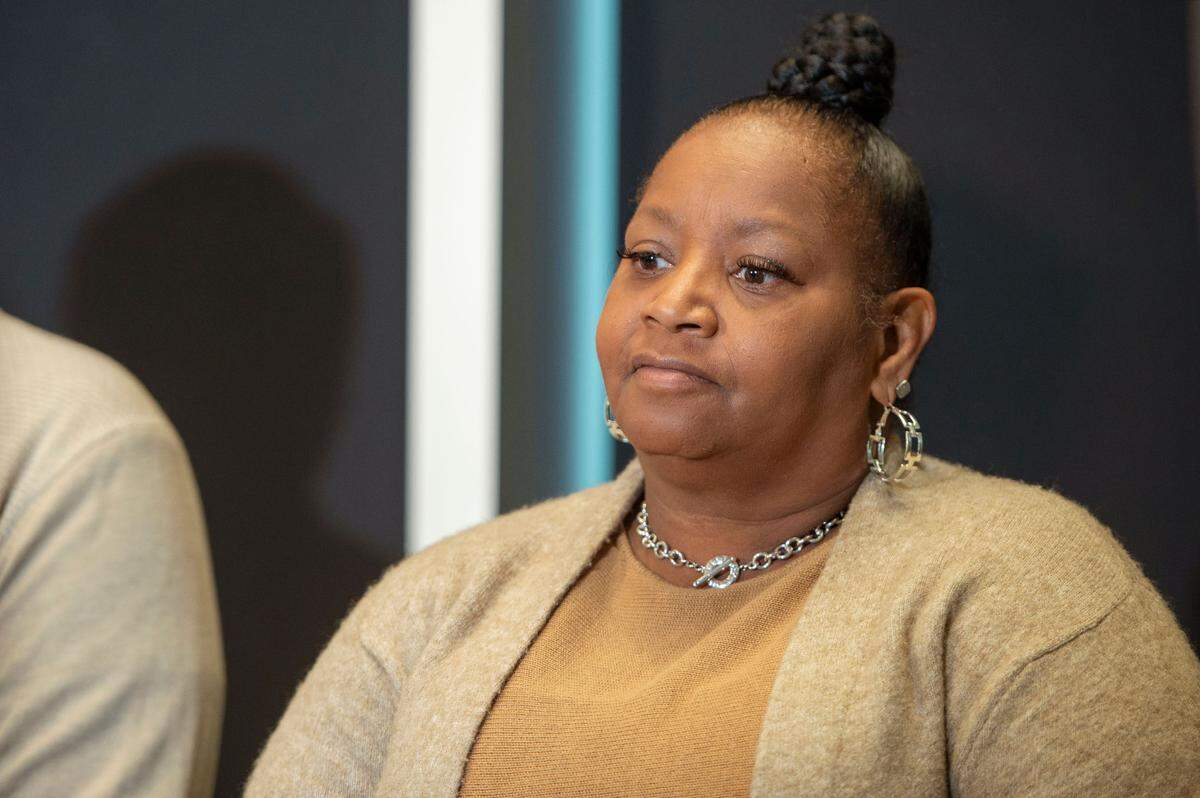 During a press conference at the Kansas City Police Department headquarters on Thursday, March 24, 2022, Tina Madge speaks about the 2012 homicide of her son Charles Bates.