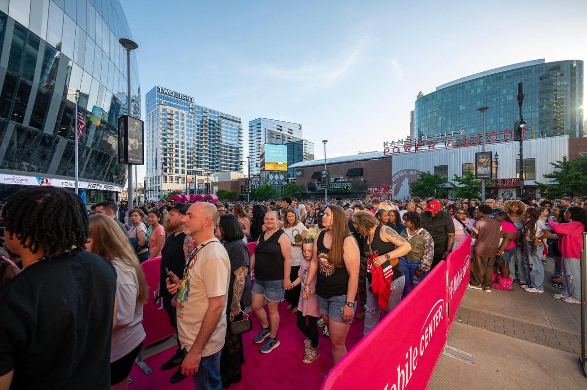People wait in line to attend Katy Perry’s Lifetimes Tour at the T-Mobile Center on Saturday, May 10, in Kansas City.