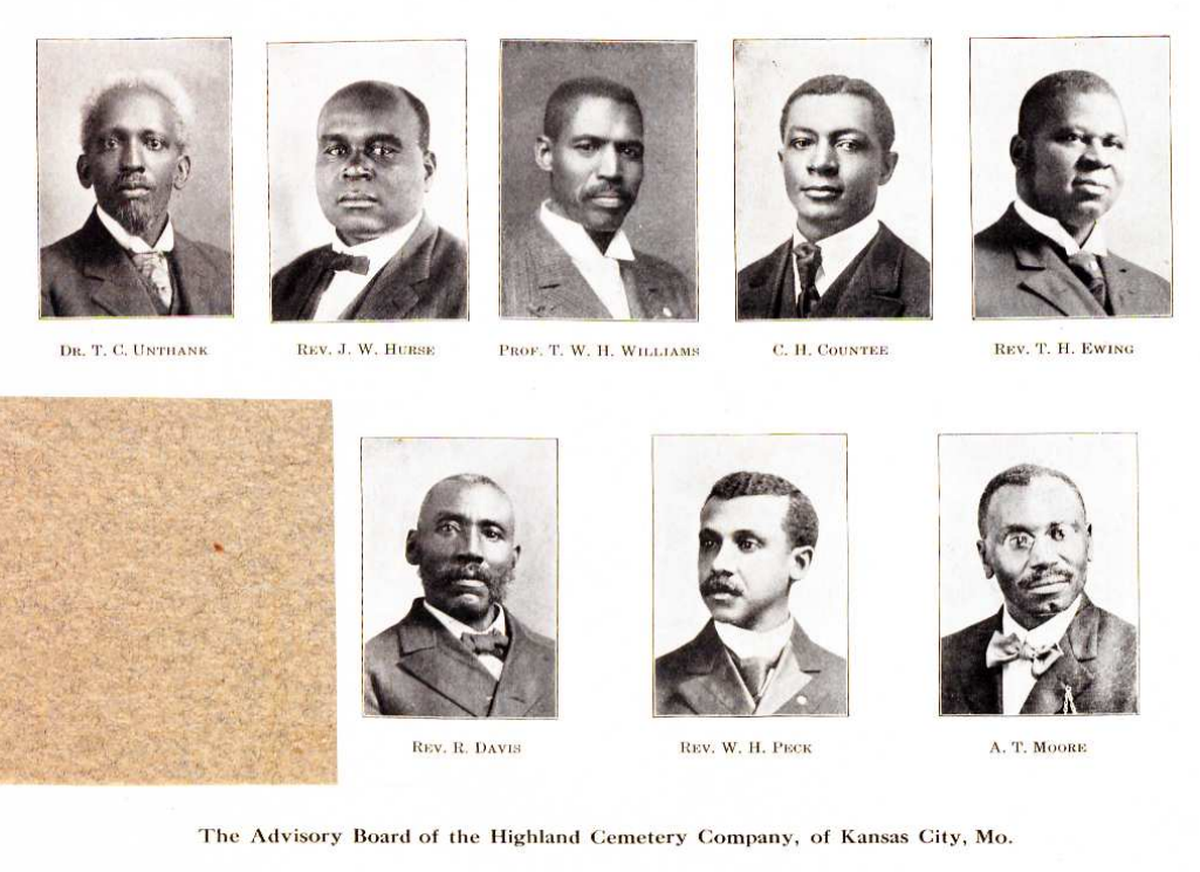 Highland Cemetery’s founding advisory board is seen in these 1909 photographs. It consisted of physician and surgeon Dr. T. C. Unthank, Reverend J.W. Hurse of St. Stephens Baptist Church, Bruce School principal Prof. T. W. H. Williams, undertaker C. H. Countee, Reverend T. H. Ewing of Vine Street Baptist Church, physician and surgeon Dr. J. E. Perry (not pictured), Reverend R. Davis of Central Methodist Church, Reverend W. H. Peck of Allen Chapel M. E. Church and undertaker A. T. Moore.