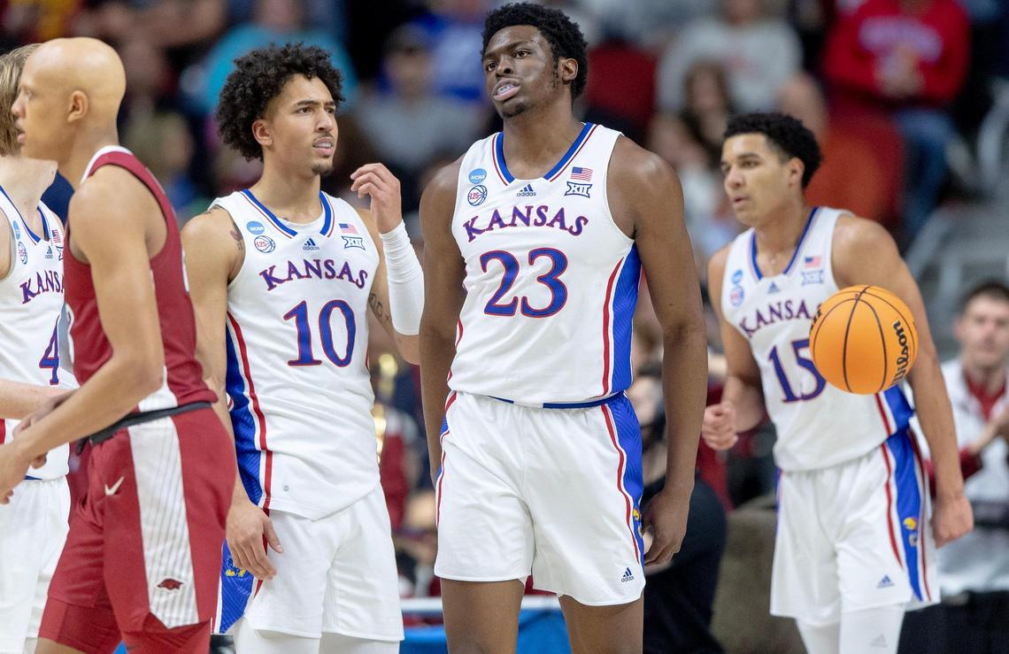 Kansas center Ernest Udeh Jr. (23) reacts to drawing his fourth foul against Arkansas during a second-round college basketball game in the NCAA Tournament Saturday, March 18, 2023, in Des Moines, Iowa.