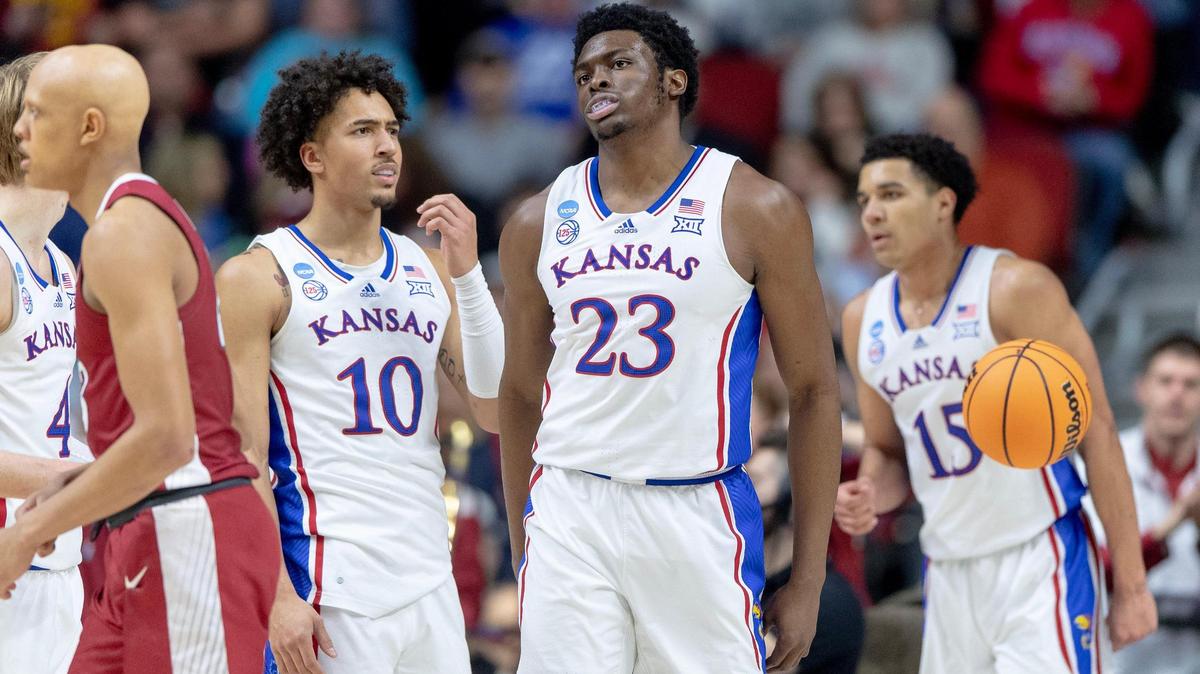 Kansas center Ernest Udeh Jr. (23) reacts to drawing his fourth foul against Arkansas during a second-round college basketball game in the NCAA Tournament Saturday, March 18, 2023, in Des Moines, Iowa.