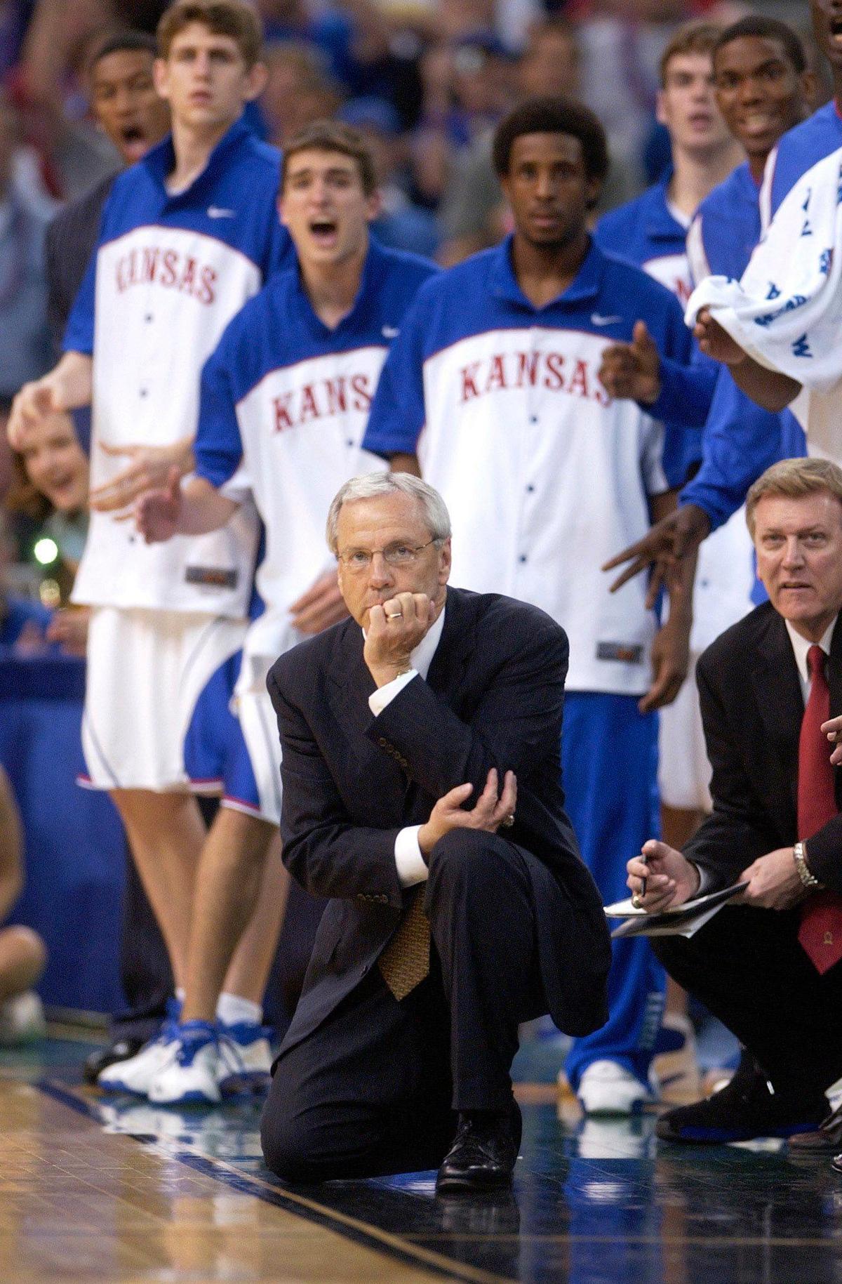 Kansas head coach Roy Williams watches the action in the second half during the Jayhawks 81-78 loss to Syracuse in the championship game of the Final Four on Monday, April 7, 2003, in New Orleans. (AP Photo/Al Behrman)
