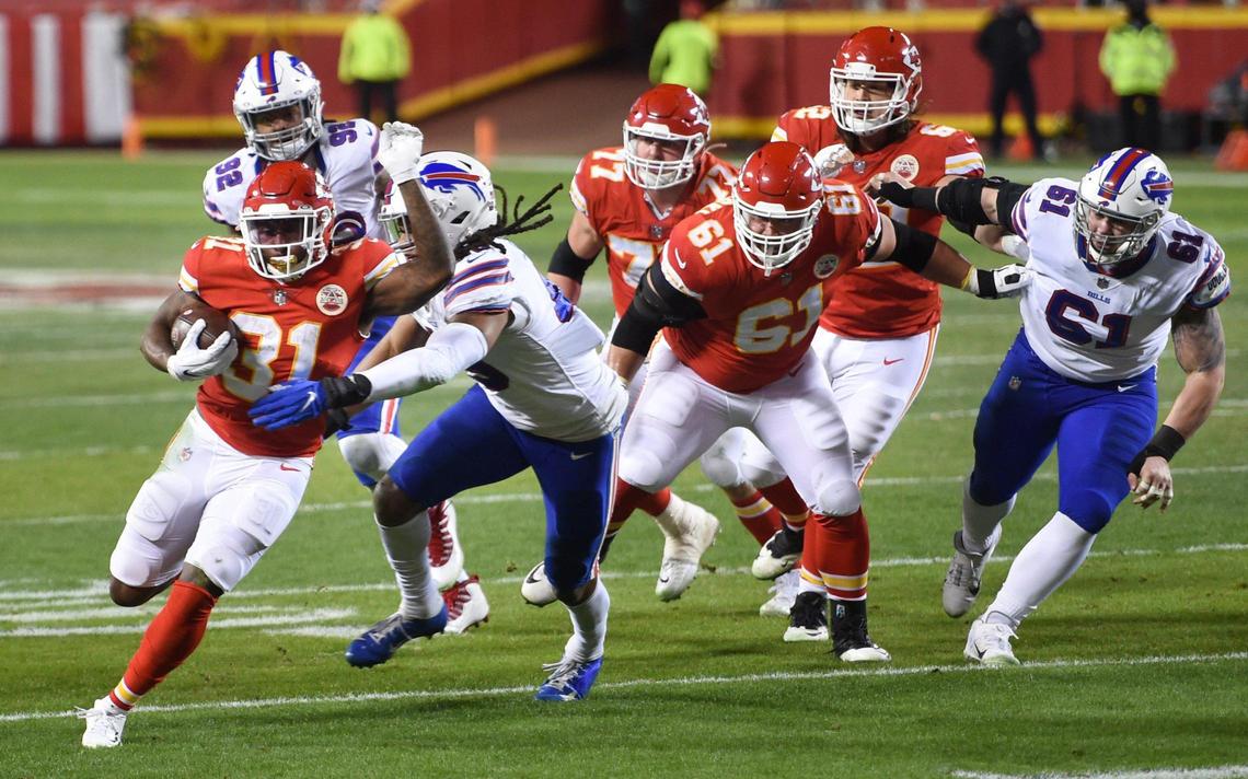 Kansas City Chiefs running back Darrel Williams runs for a gain in the second-half of the AFC Championship Game Sunday, Jan. 24, 2021, at Arrowhead Stadium in Kansas City. The Chiefs defeated the Bills, 38-24, to head to the Super Bowl.