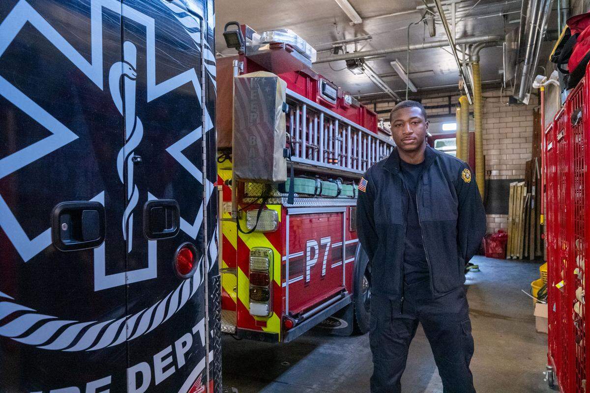 Brandan Jackson, founder of the Black Pickleball Club, at his home fire station in Kansas City, on Sunday, Feb. 15. Jackson, whose day job is a fireman for KCKFD, started the club after developing a love for the game right outside the station. He noticed when he went to play at other places, he was often the only player that looked like him.