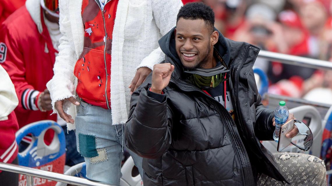 Kansas City Chiefs wide receiver JuJu Smith-Schuster gestures toward fans during the Kansas City Chiefs Super Bowl victory parade on Wednesday, Feb. 15, 2023, in Kansas City.