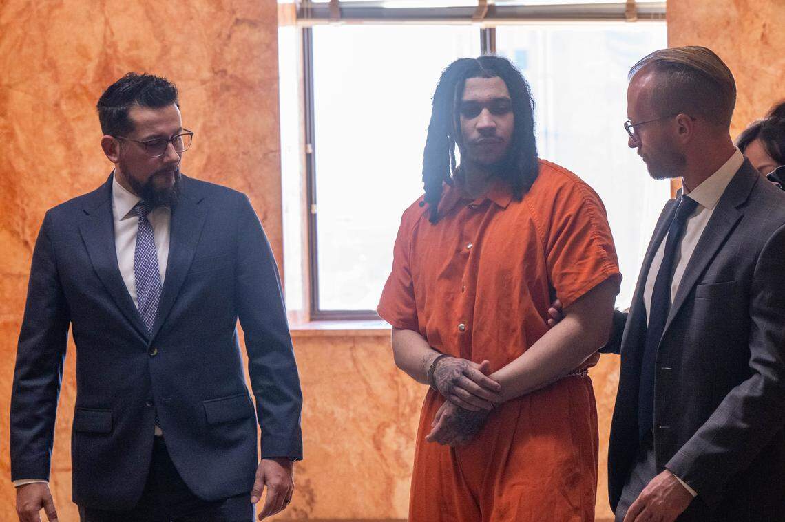 Dominic Miller is escorted to the courtroom, at Jackson County Courthouse, on Monday, March 9, 2026, in Kansas City. Miller is accused of fatally shooting Lopez-Galvan during the 2024 Chiefs Super Bowl rally mass shooting.