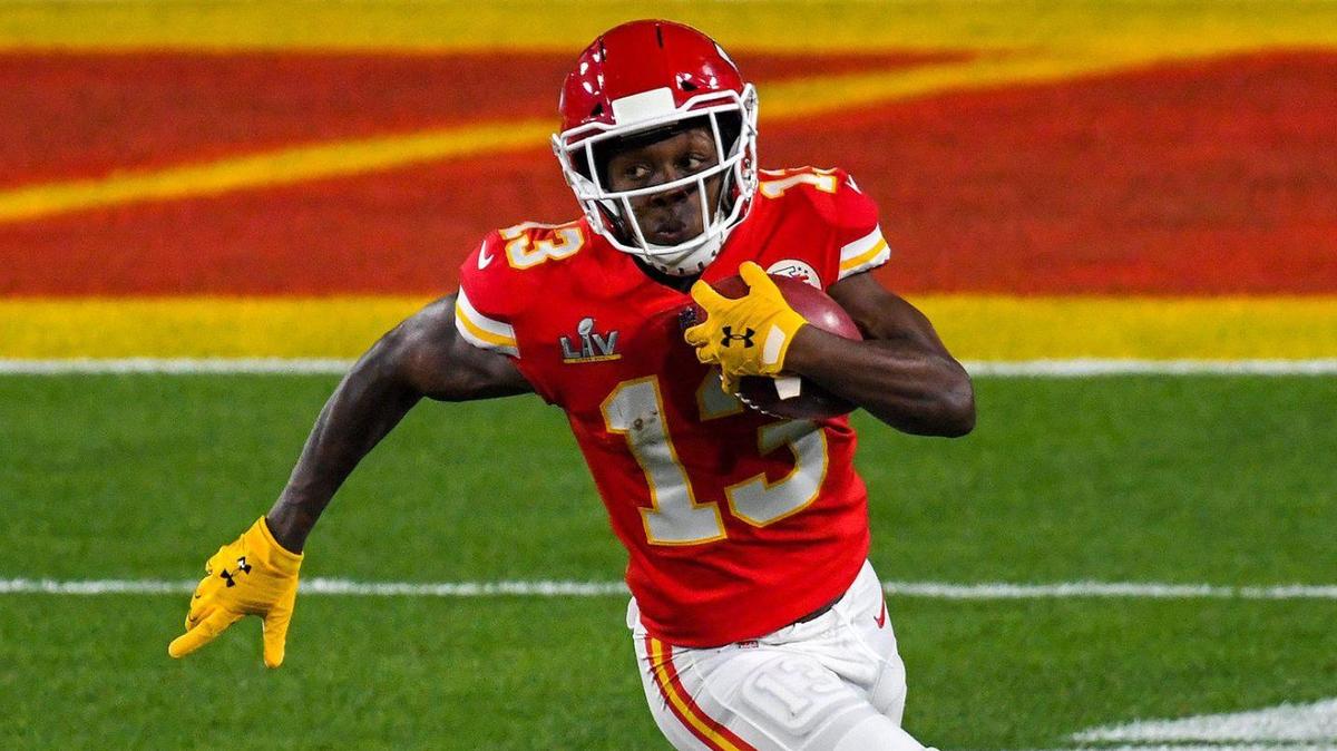Kansas City Chiefs wide receiver Byron Pringle returns the ball late in the first quarter of the Kansas City Chiefs game against the Tampa Bay Buccaneers in Super Bowl LV at Raymond James Stadium in Tampa, Sunday, Feb. 7, 2021. The Buccaneers defeated the Chiefs 31-9.