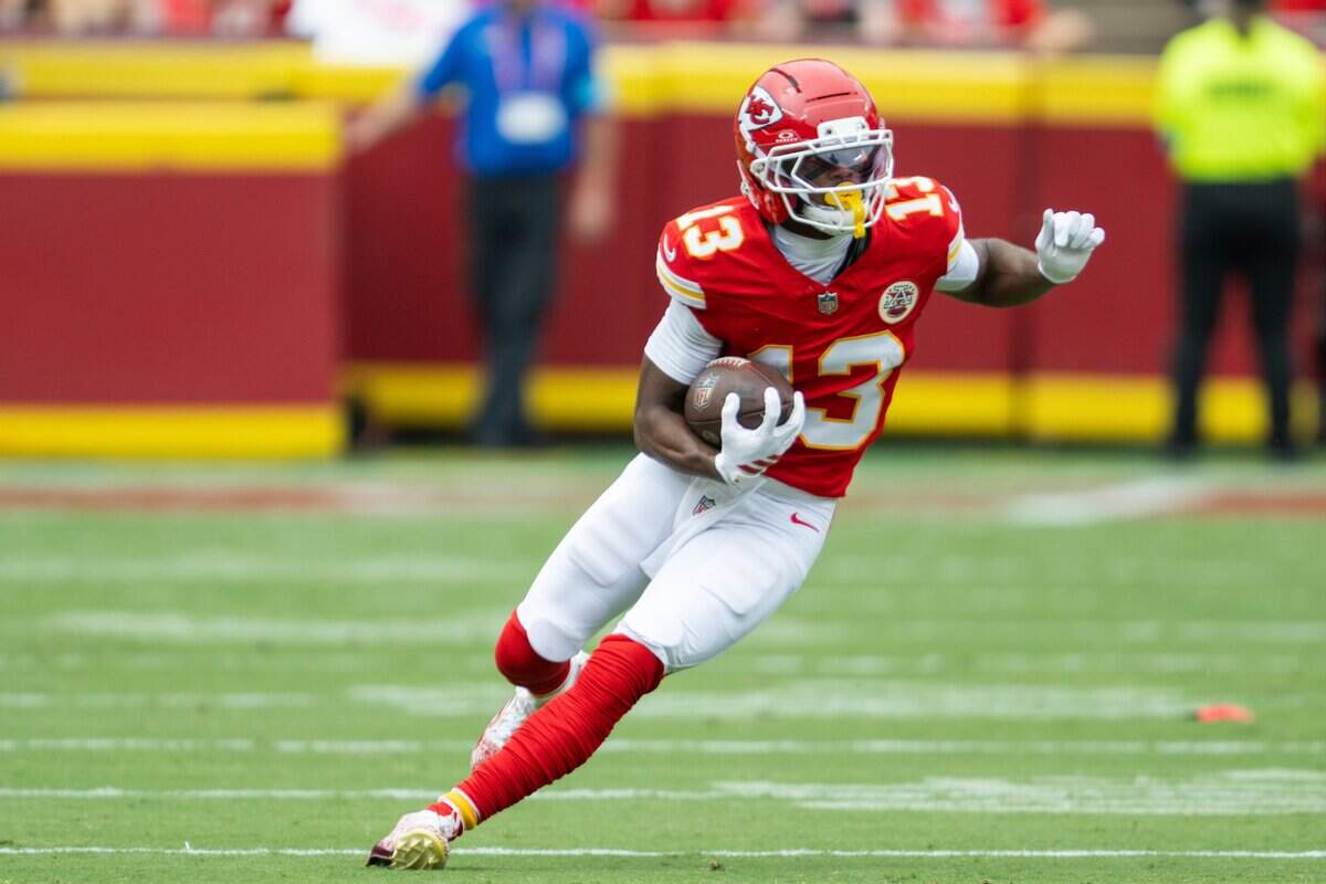Kansas City Chiefs wide receiver Cyrus Allen (13) runs the ball during the first half of the Chiefs preseason game against the Los Angeles Rams, on Saturday, August 15, 2026, at Arrowhead Stadium.