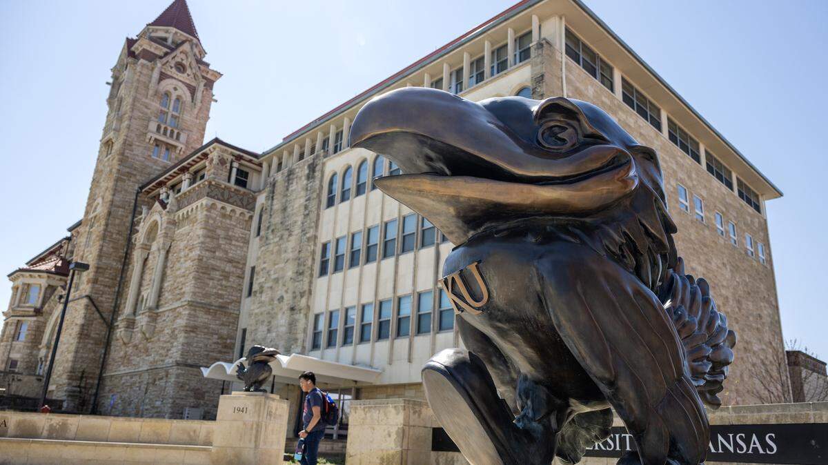 A statue of the Jayhawk mascot sits near Ascher Plaza on the University of Kansas campus on Monday, April 6, 2026, in Lawrence.