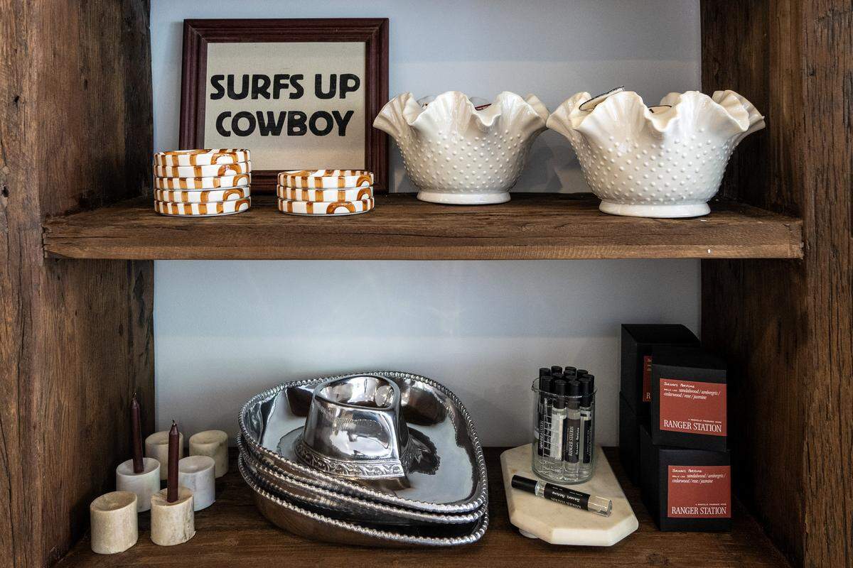 A collection of merchandise is displayed on a shelf at Larkin Home on Thursday, April 30, 2026, in Parkville.