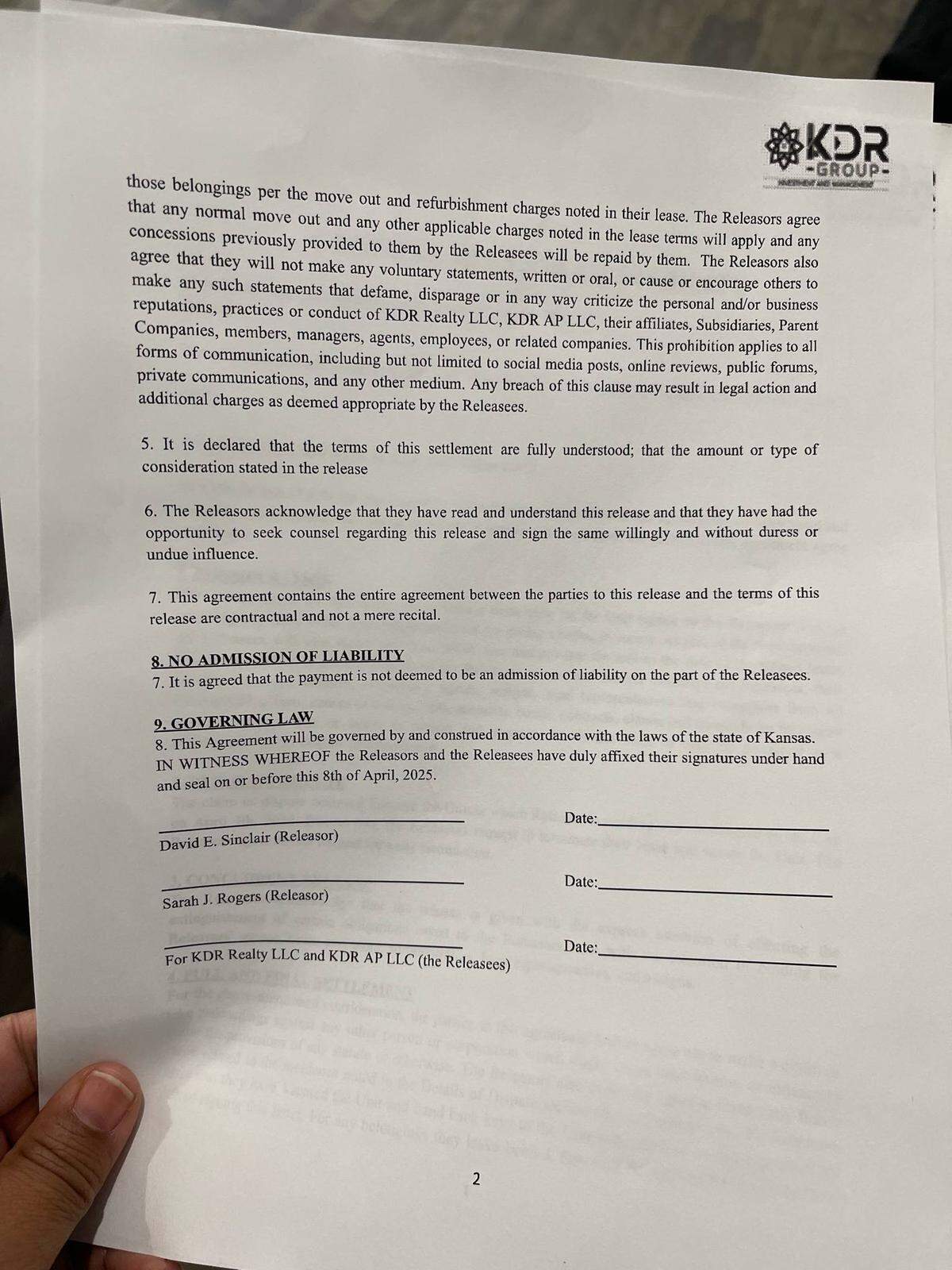 The second page of the liability waiver KDR provided to Sarah Rogers and David Sinclair. They refused to sign.