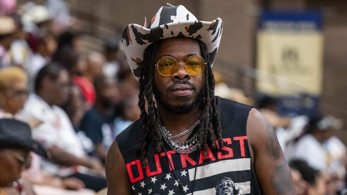 Obie Bishop of Kansas City sports a unique style of cowboy fashion at the Black Rodeo USA show at Hale Arena in Kansas City on Saturday, July 26, 2025. There was no shortage of fashionable attendees at the two sold out rodeo shows.