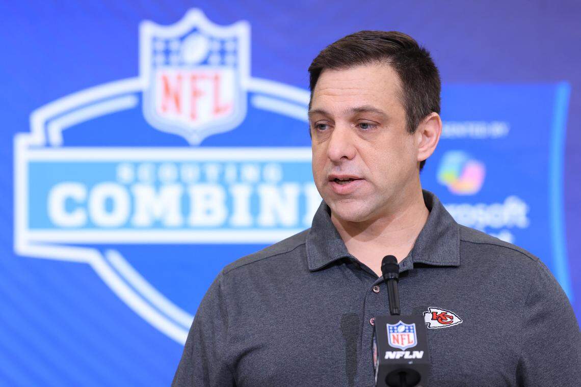 General manager Brett Veach of the Kansas City Chiefs speaks to the media during the 2026 NFL Scouting Combine at Lucas Oil Stadium on February 24, 2026 in Indianapolis.