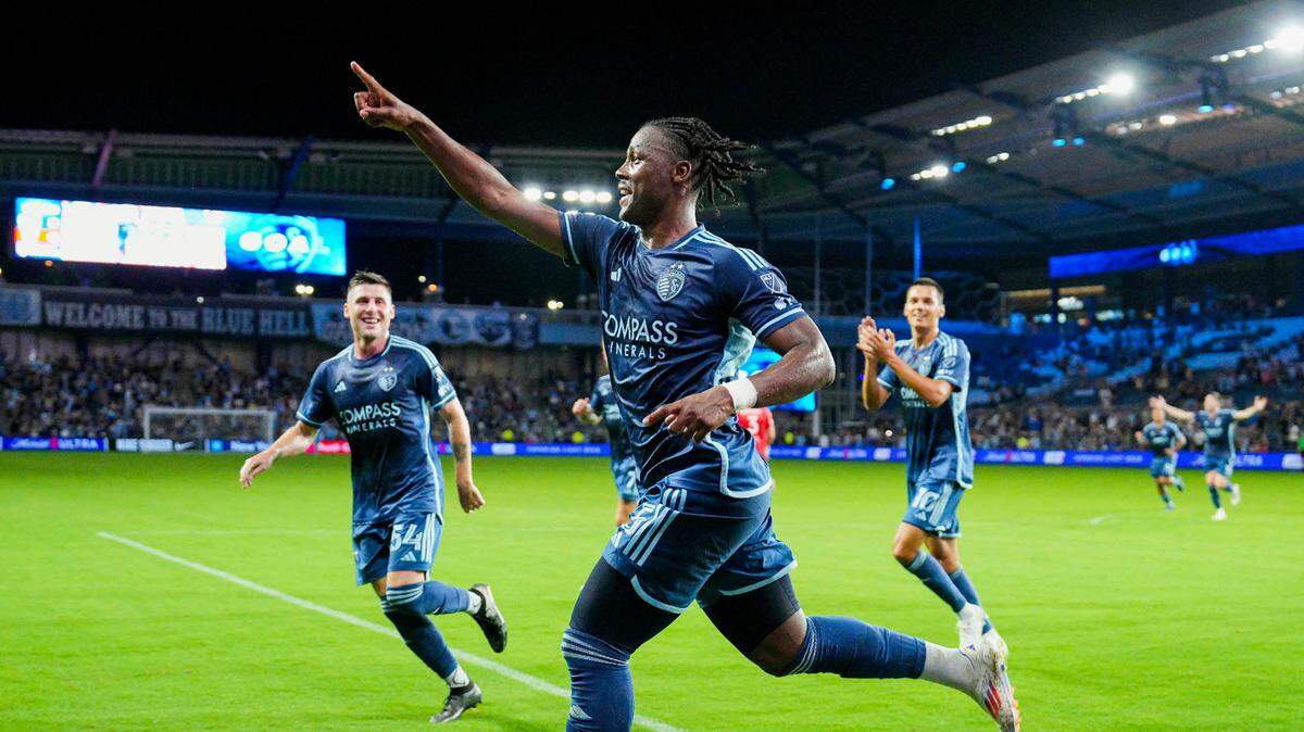 Sporting Kansas City defender Dany Rosero (5) celebrates after scoring a goal during the first half against Indy Eleven at Children’s Mercy Park on Aug. 27, 2024.