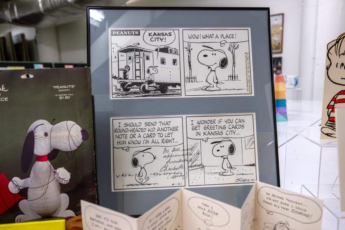 A framed Peanuts comic strip is displayed atop file cabinets in the Hallmark archives at the Hallmark headquarters on Tuesday, Aug. 5, 2025, in Kansas City.