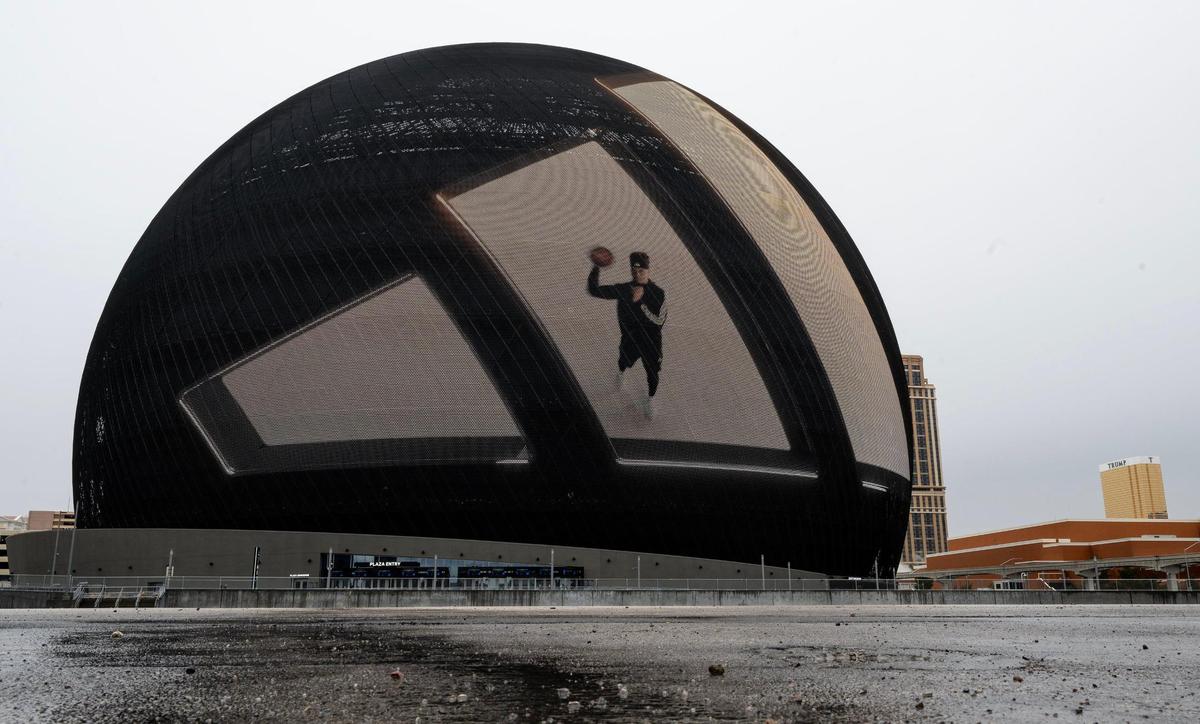 A new advertising campaign launched by Adidas features Kansas City Chiefs quarterback Patrick Mahomes, here displayed on Sphere, on Monday, Feb. 5, 2024, in Las Vegas.