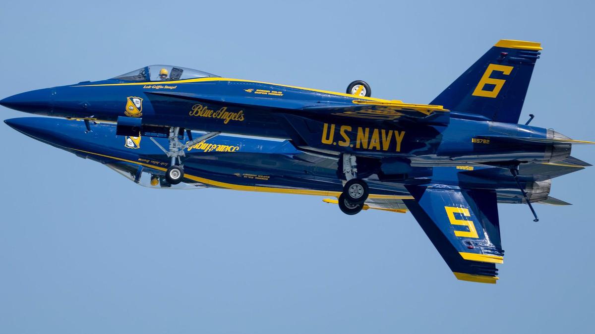 The U.S. Navy Blue Angels fly during the Garmin KC Air Show on Saturday, Aug. 19, 2023, in New Century.