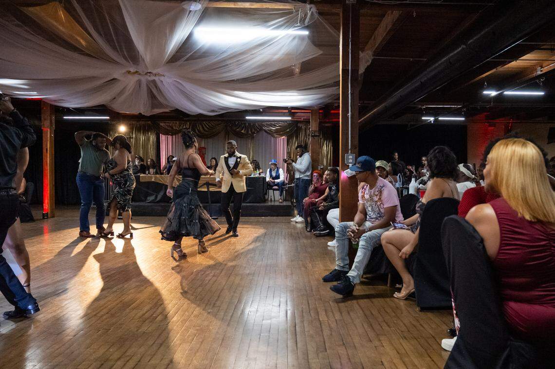 Couples dance the “Kansas City Two-Step” at The Big StepOff 2025, held on Oct. 18, 2025, in Kansas City. During the annual competition, participants showcase their best routine in an attempt to become the “King and Queen of Kansas City.” The competition celebrated its 20th anniversary this year.