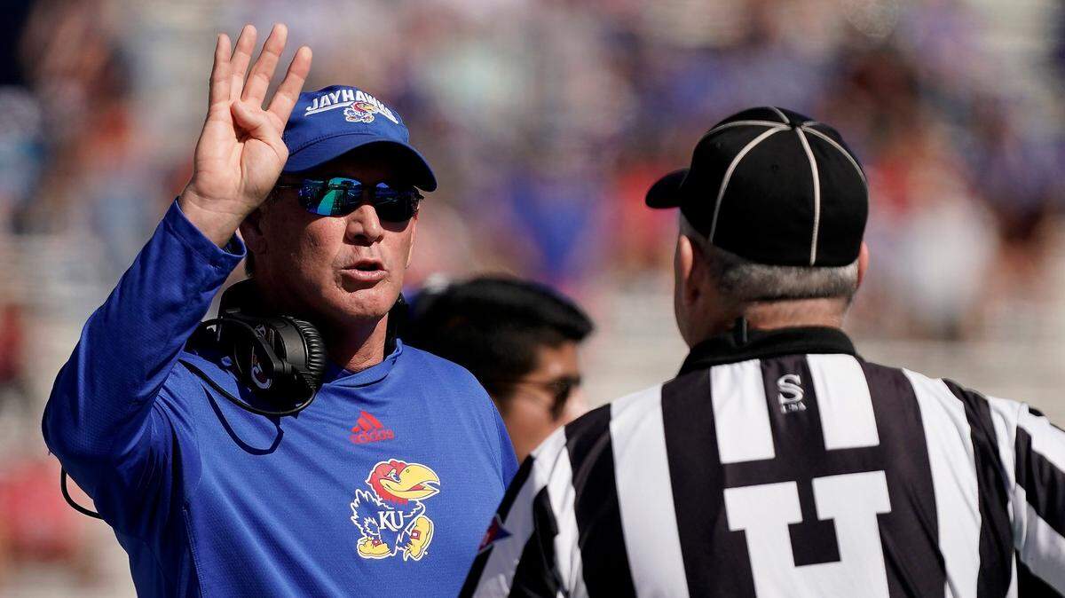 Kansas head coach Lance Leipold talks to an official during the first half of against Duke on Saturday, Sept. 24, 2022, in Lawrence.