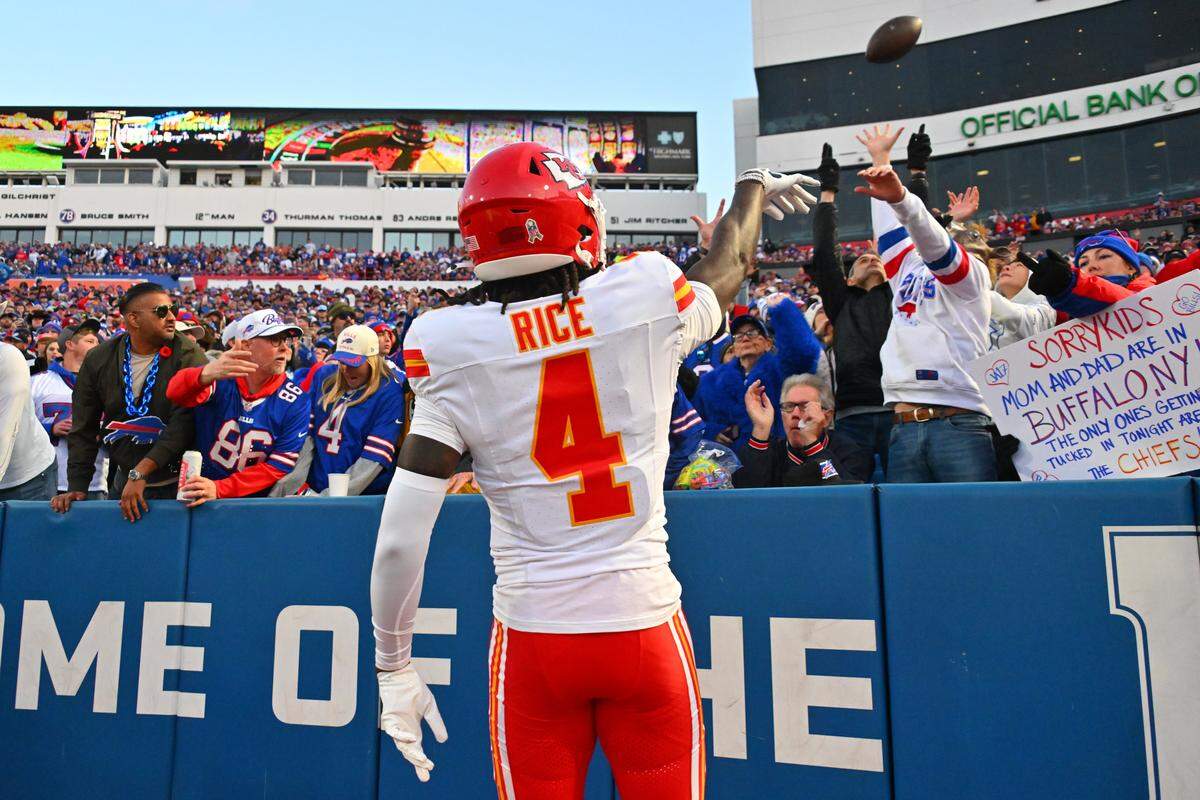 Kansas City Chiefs receiver Rashee Rice throws the football into the stands in celebration after scoring a touchdown during an NFL Week 9 game against the Bills at Highmark Stadium in Orchard Park, New York, on Sunday, Nov. 2, 2025.