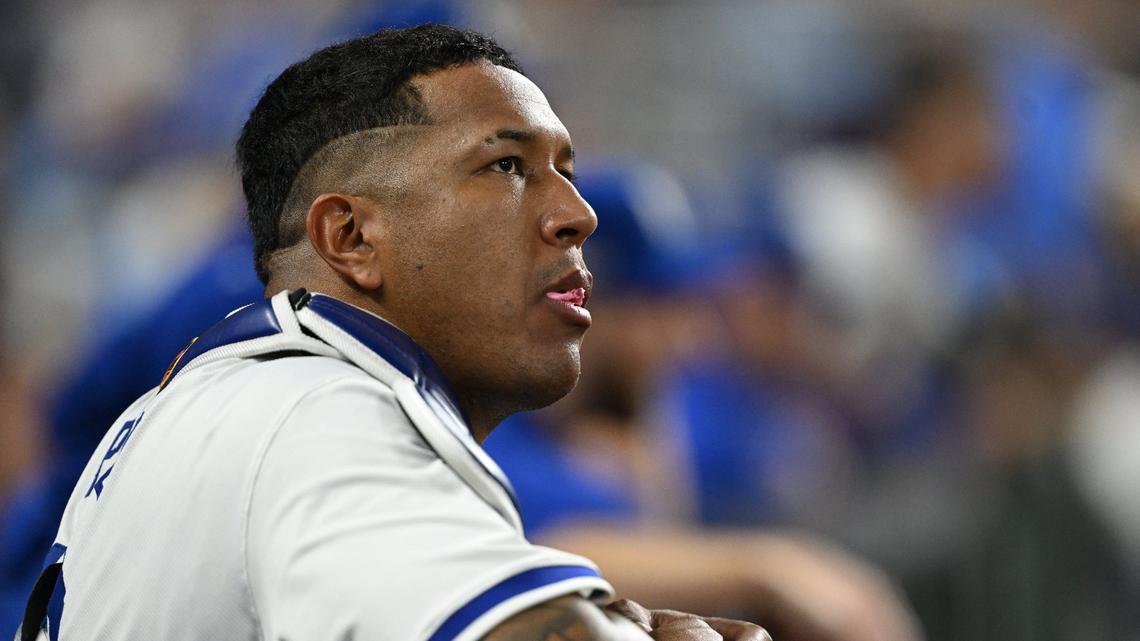 Kansas City Royals catcher Salvador Perez (13) watches the action during Game 4 of the American League Division Series on Thursday, Oct. 10, 2024, at Kauffman Stadium.