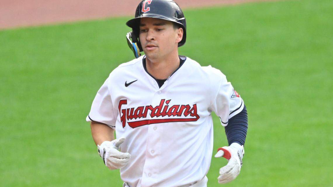 Cleveland Guardians center fielder Will Brennan (17) rounds the bases on his solo home run in the third inning against the Chicago White Sox at Progressive Field.