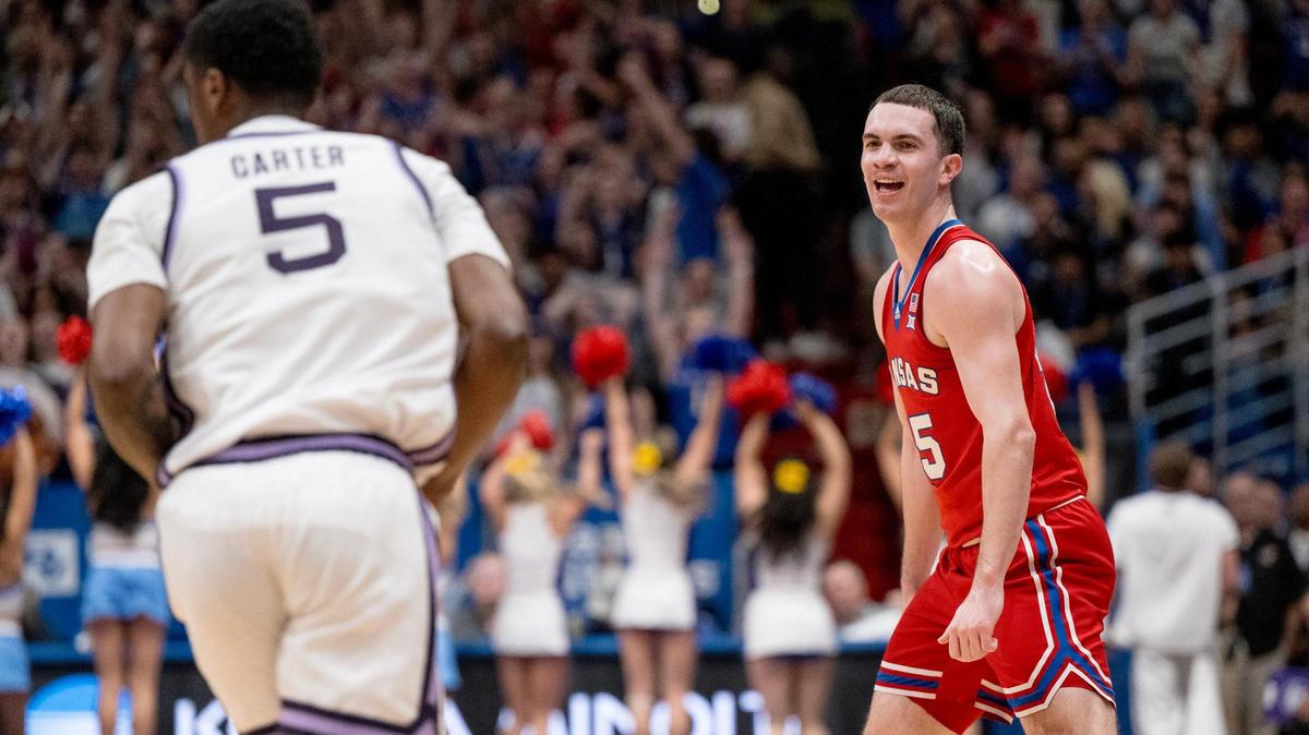Kansas Jayhawks guard Nicolas Timberlake (25) celebrates a 3-pointer against the Kansas State Wildcats during an NCAA college basketball game on Tuesday, March 5, 2024, in Lawrence.