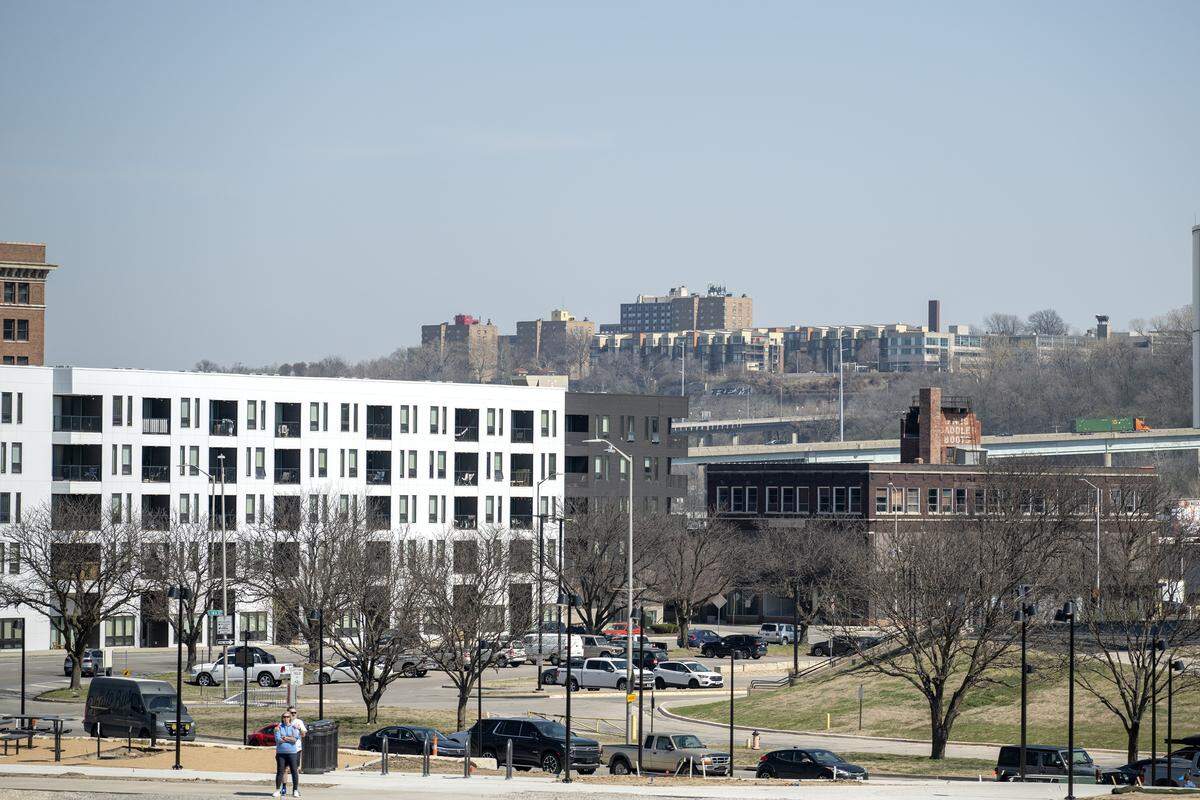 The West Bottoms neighborhood is seen from Rock Island Bridge on Wednesday, March 25, 2026, in Kansas City.