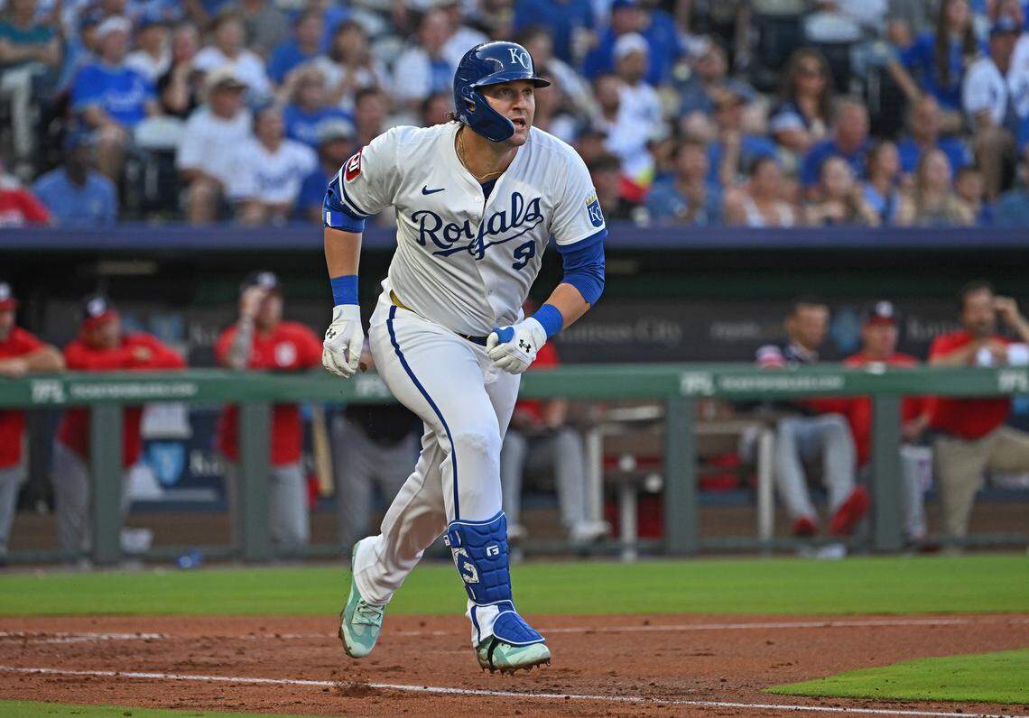 Kansas City Royals first baseman Vinnie Pasquantino (9) runs up the baseline after hitting a three-run home run in the third inning against the Washington Nationals at Kauffman Stadium on Aug. 12, 2025.