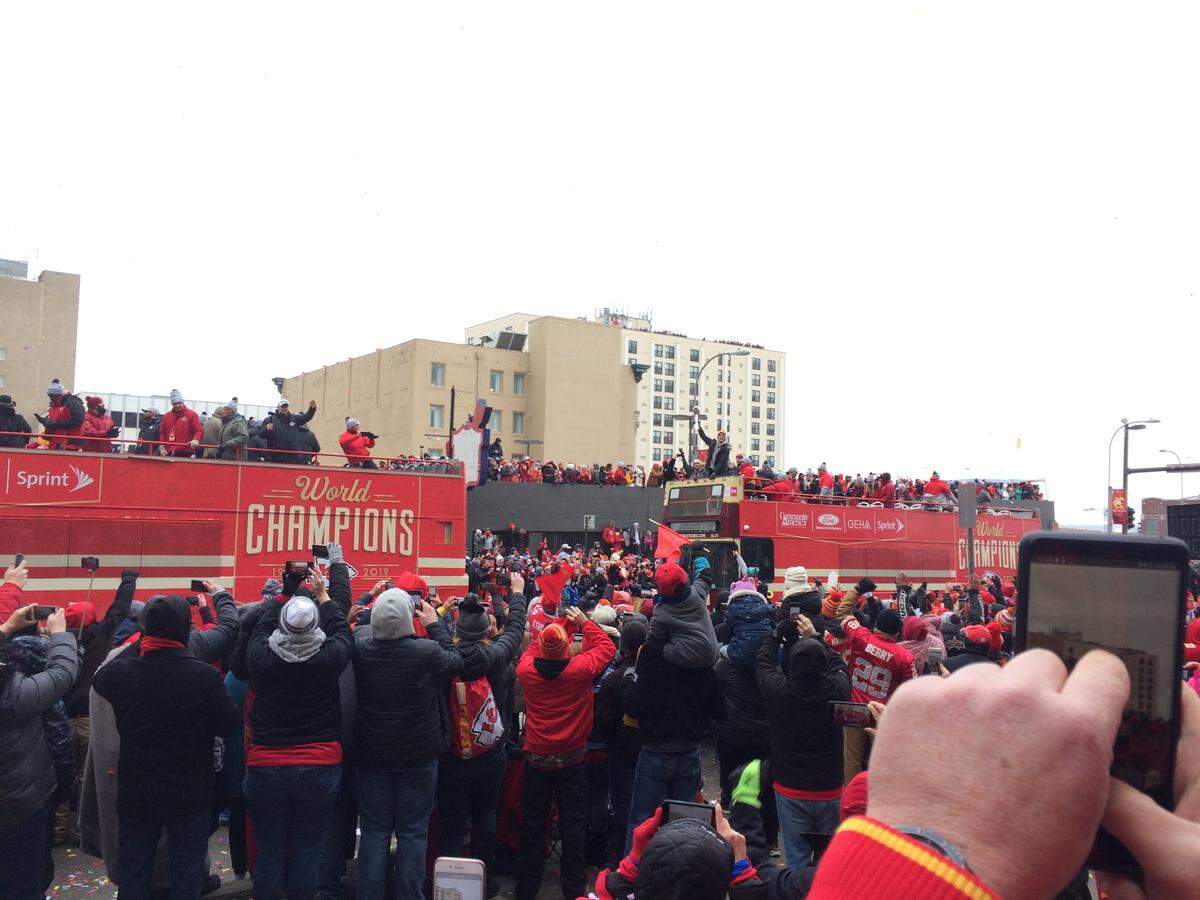 The Kansas City Chiefs’ Super Bowl parade started Wednesday near Sixth Street and Grand Boulevard and headed toward Union Station. Players and team officials were carried on a line of red double-decker buses.