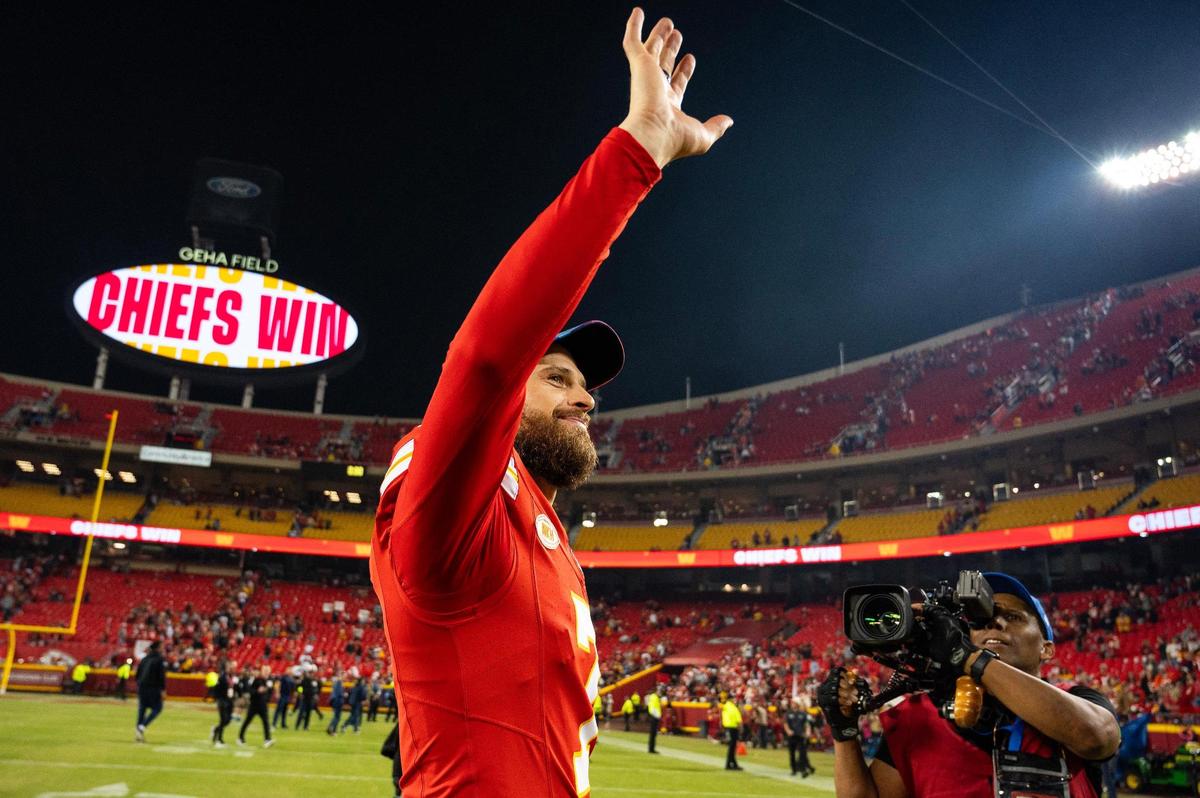Kansas City Chiefs kicker Harrison Butker (7) waves to fans after the Chiefs defeated the Denver Broncos 19-8 in an NFL football game at GEHA Field at Arrowhead Stadium on Thursday, Oct. 12, 2023, in Kansas City.