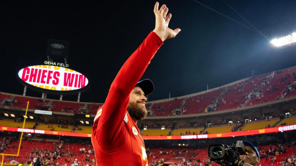 Kansas City Chiefs kicker Harrison Butker (7) waves to fans after the Chiefs defeated the Denver Broncos 19-8 in an NFL football game at GEHA Field at Arrowhead Stadium on Thursday, Oct. 12, 2023, in Kansas City.