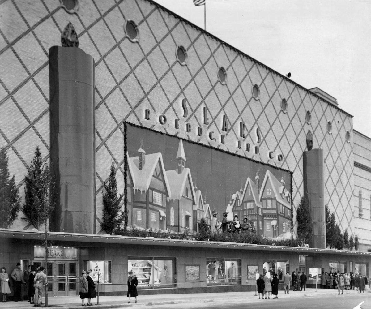 A Christmas scene atop the marquee of the new Sears Roebuck & Co. store on the Country Club Plaza in the 1940s.