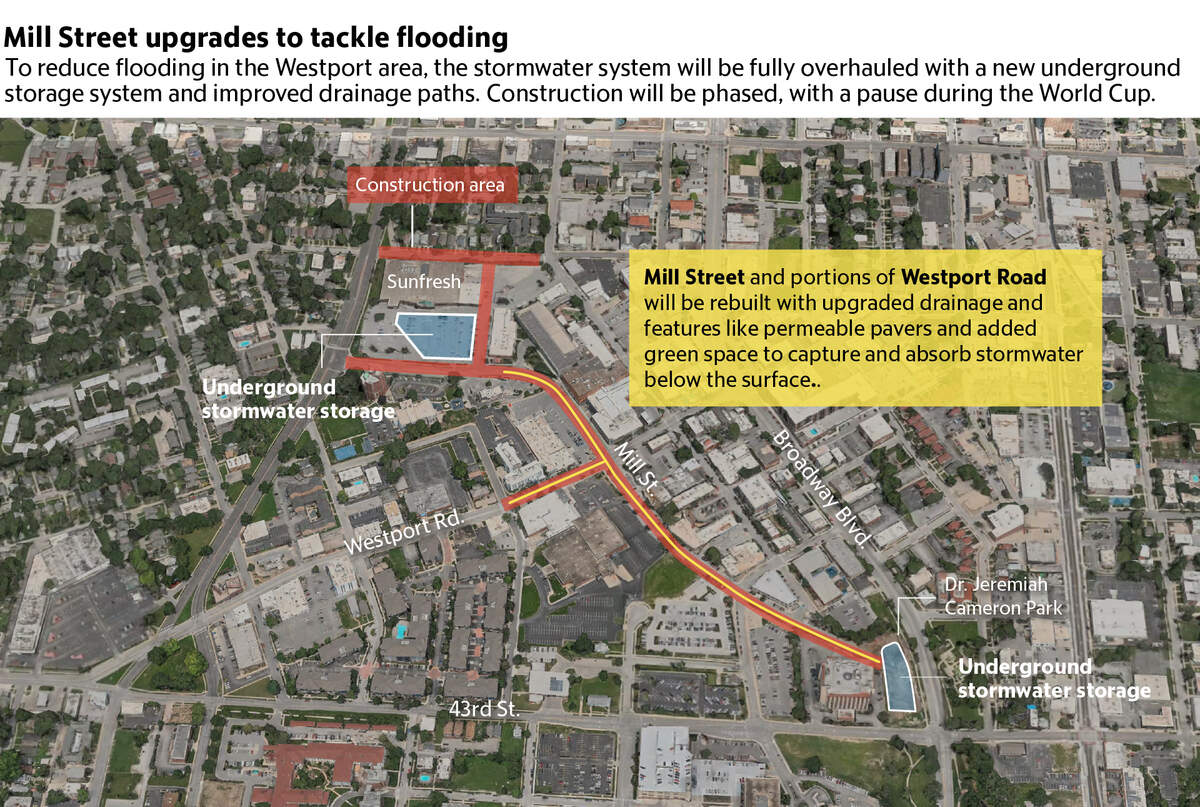 A map showing construction along Mill Street to alleviate flooding in Westport.