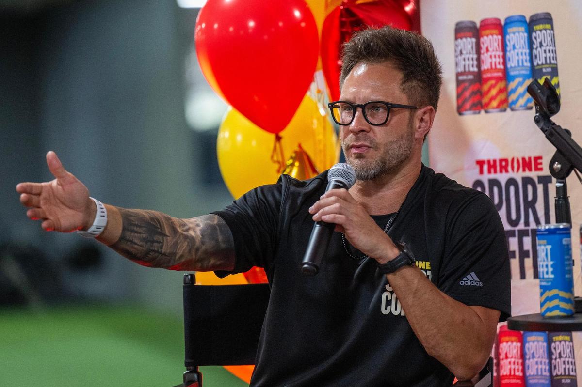 Stroupe answers questions from the audience during a Q&A session before an exclusive training event at Homefield Kansas City on Friday in Olathe.
