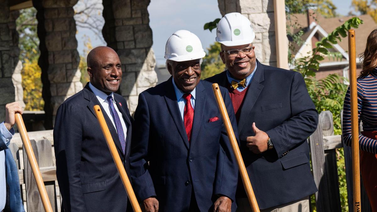 Raymond Mabion, Ray Mabion II, and Mayor Quinton Lucas pose for a photograph at the groundbreaking for a new multi-unit affordable housing development in Kansas City, MO on Thursday, Oct. 24, 2024. The development is named after Mabion in honor of the work he’s done in the community.