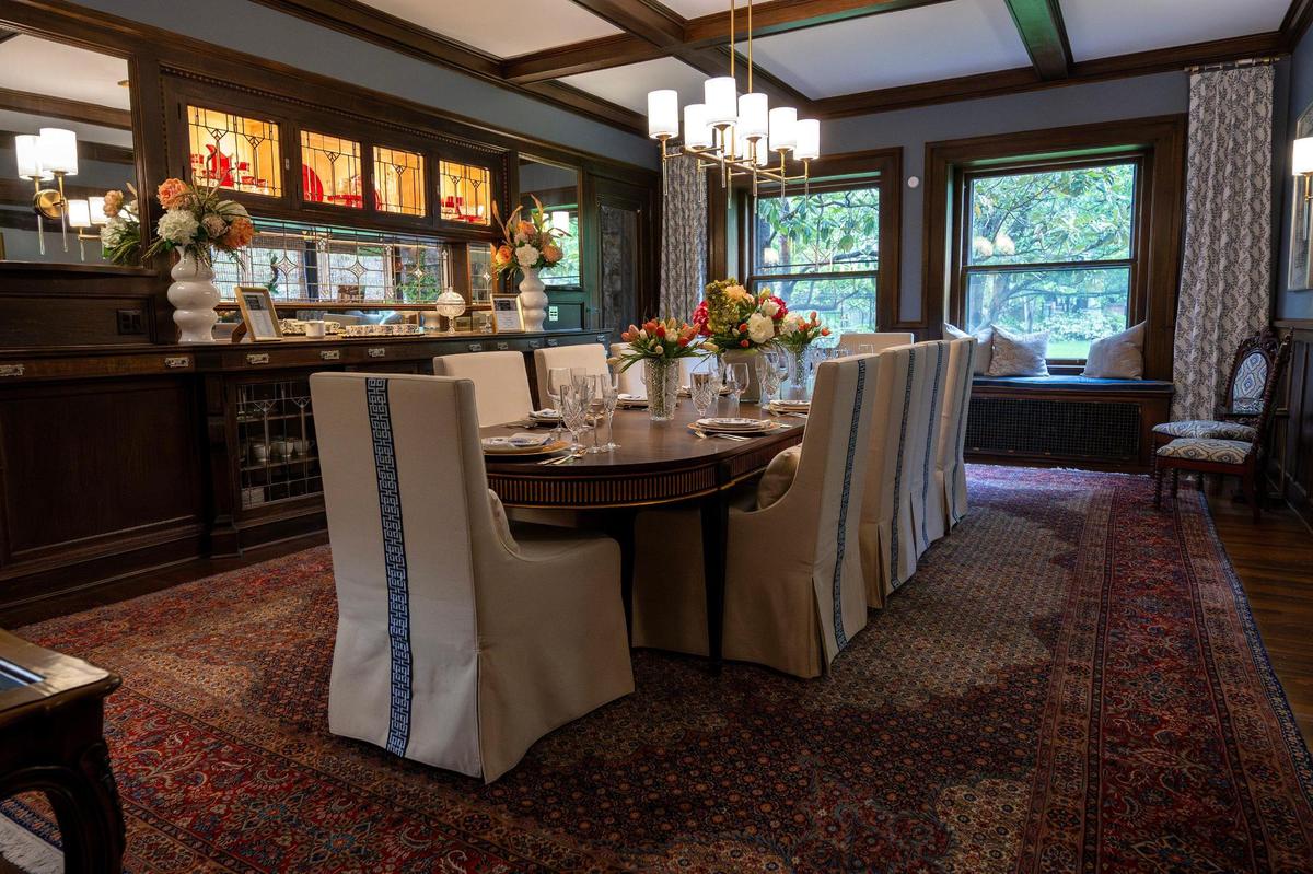 The formal dining room at the 55th Symphony Designers’ Showhouse was designed by Carrie McCea of Blooming Interior Design and Upholstery.