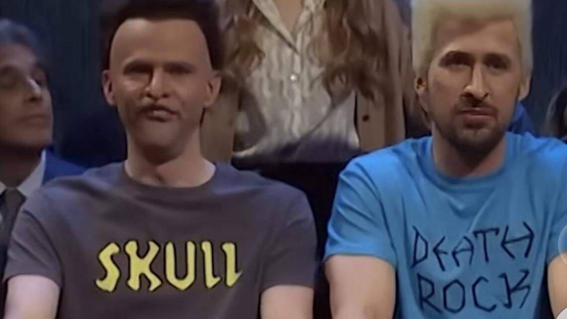 The last time Ryan Gosling, right, hosted “Saturday Night Live” in 2024, he and cast member Mikey Day dressed as MTV cartoon slackers Beavis and Butt-Head in a sketch that became one of Heidi Gardner’s most memorable. Gardner, a Kansas City native, left the show after last season.
