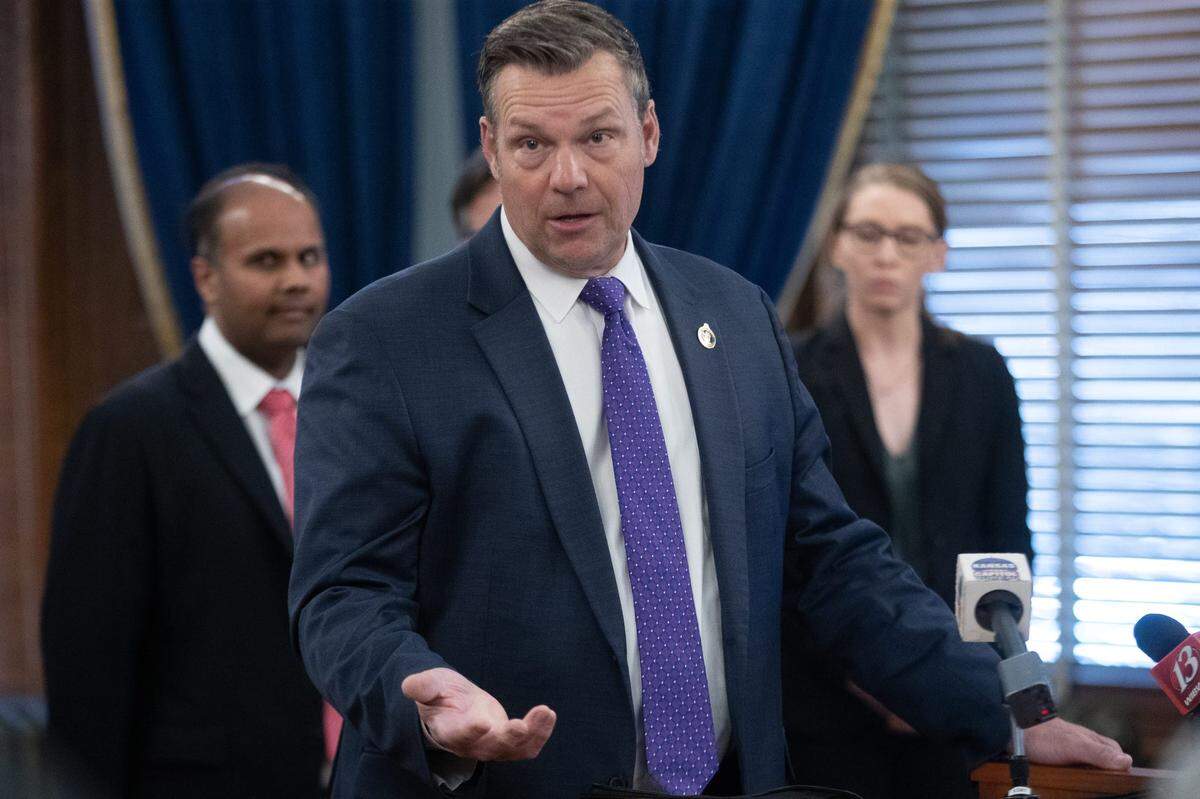 Kansas Attorney General Kris Kobach during a press conference Thursday, March 28, 2024.