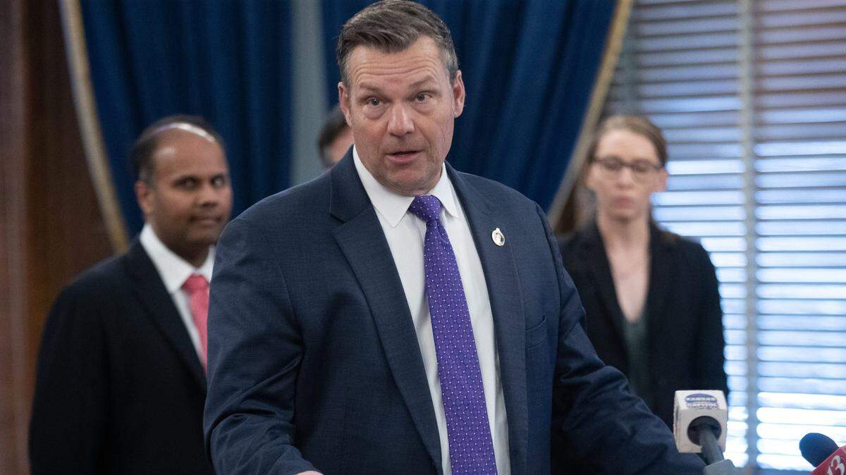Kansas Attorney General Kris Kobach discusses why he is filing a lawsuit over the Biden Administration handling student loan debt forgiveness during a press conference Thursday, March 28, 2024.