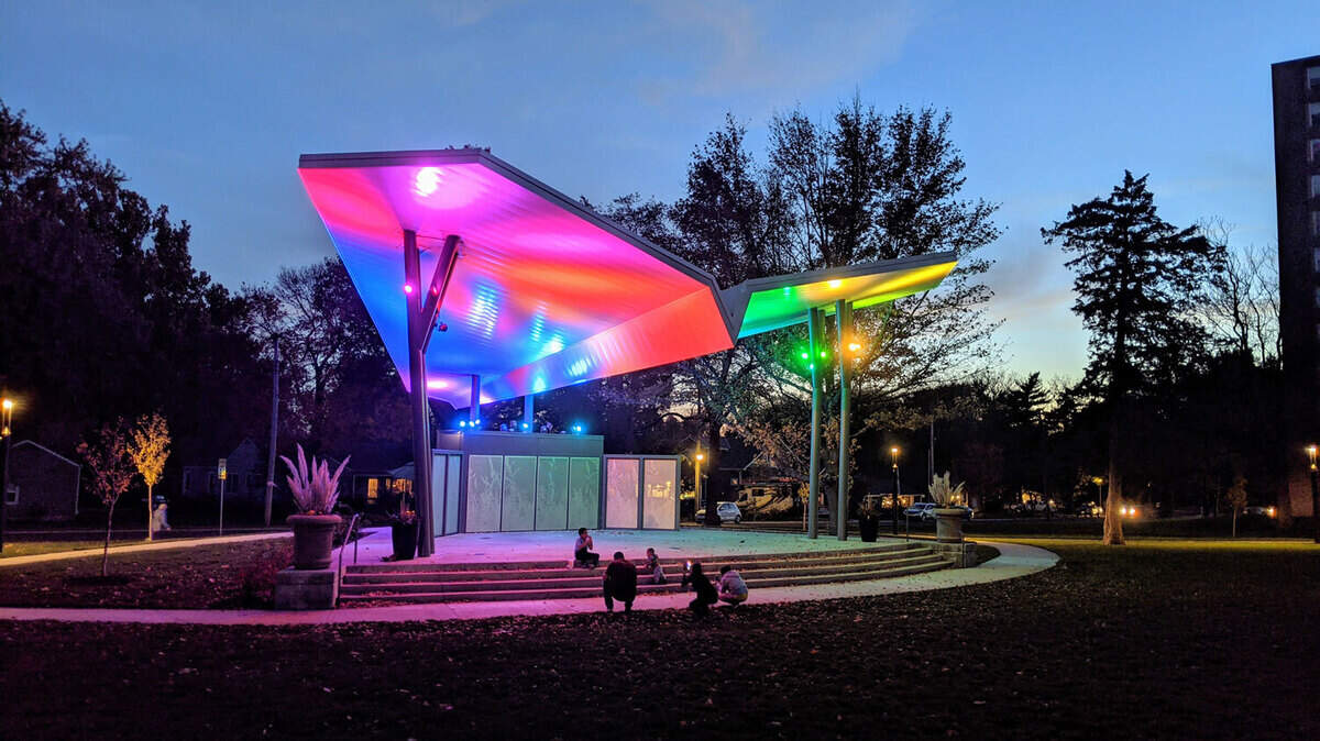 The wing-shaped roof over the new performance stage in Thompson Park salutes the aviation history of downtown Overland Park, which once boasted an airfield built by city founder William B. Strang.