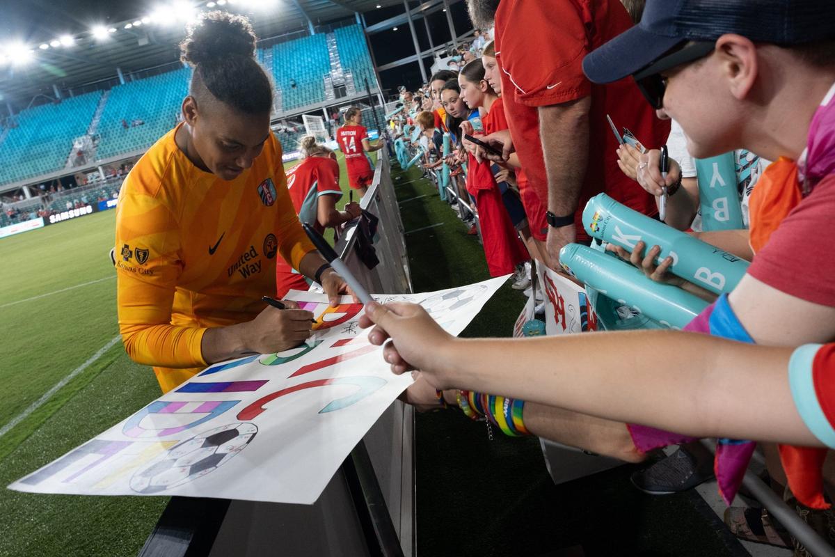 KC Current goalkeeper AD Franch signs autographs for fans following a tie match against the Chicago Red Stars on Friday, June 14, 2024, at CPKC Stadium in Kansas City.