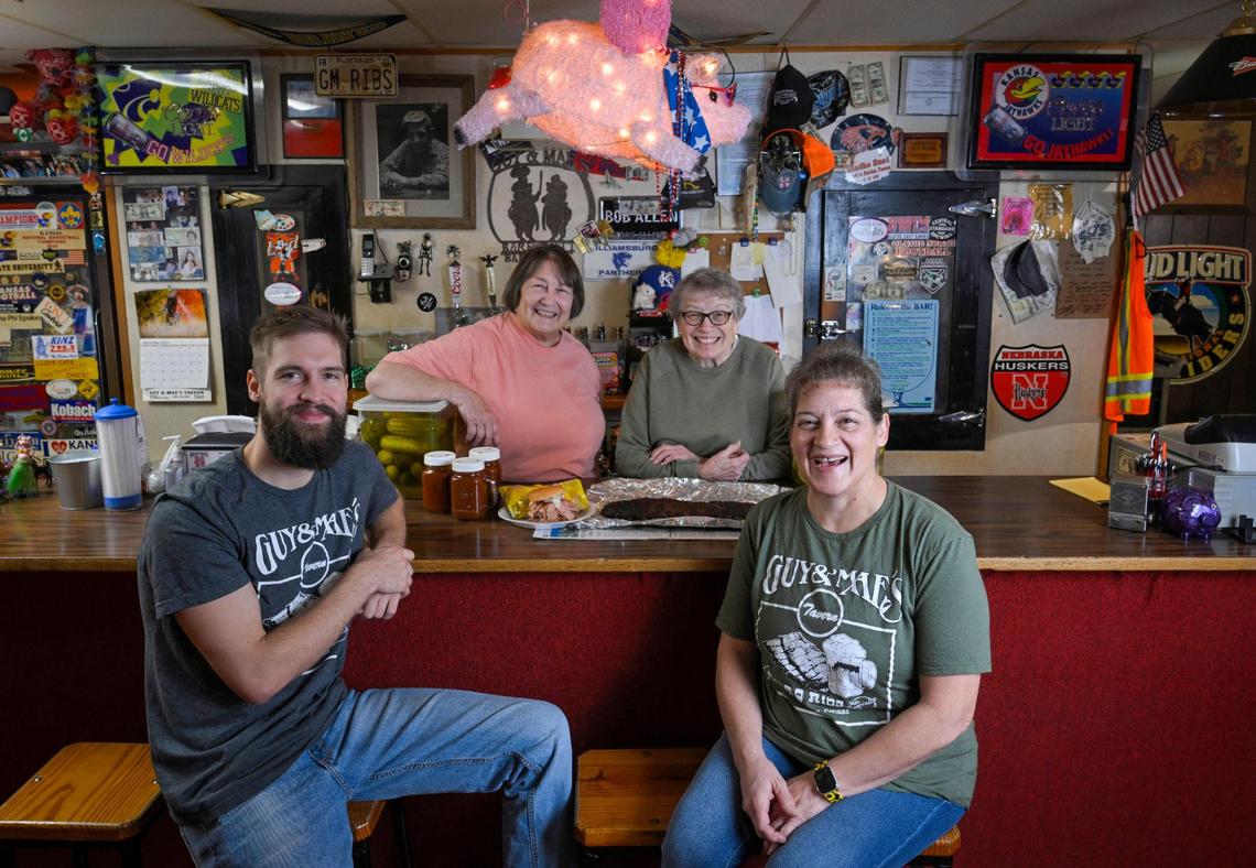 Sisters Judy Simpson and Diana Macoubrie, rear left to right, took over Guy and Mae’s Tavern from their parents in the 1980s. It is now owned by Simpson’s daughter Lori Thompson, right. Her son Wyatt Thompson  helps out around the restaurant. 