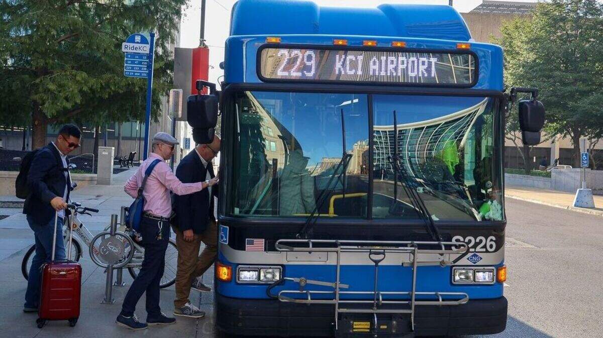RideKC’s downtown bus to and from Kansas City International Airport runs once an hour.