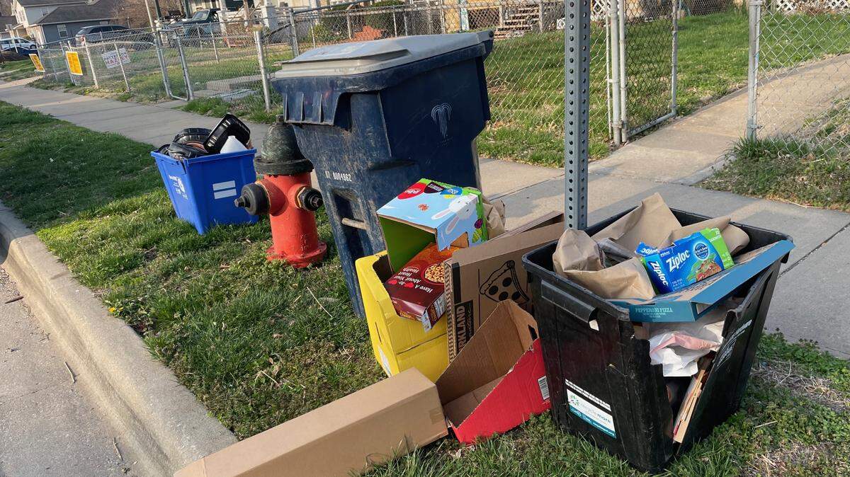 Trash cart and overflowing recycling in the Ivanhoe neighborhood.