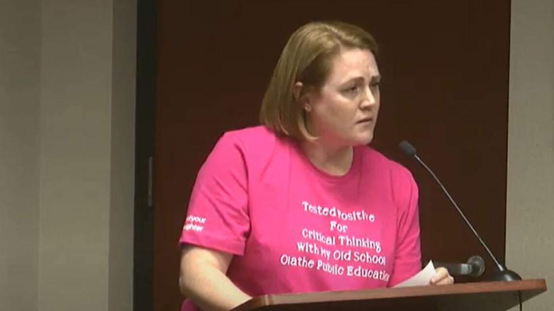 Jennifer Gilmore, who lost her race for an Olathe school board seat to Julie Steele, is suing the board president and two district employees after she was removed from a public meeting. She is seen in this screenshot from the school board meeting livestream on YouTube.