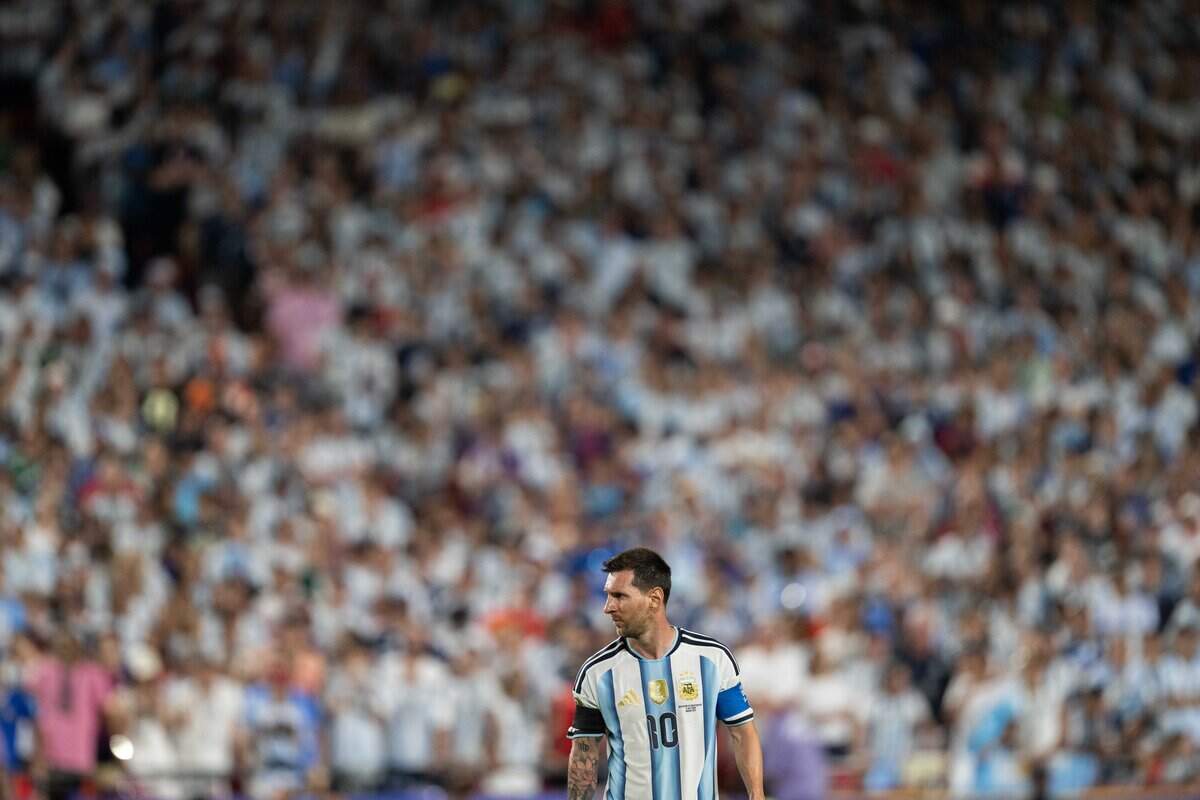 Argentina forward Lionel Messi (10) stands in the center of the pitch during a 2026 FIFA World Cup quarterfinal match at Kansas City (Arrowhead) Stadium in Kansas City on Saturday, July 11, 2026.